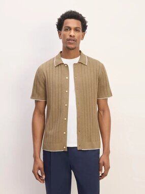 EVERLANE No-Sweat Tan Organic Cotton Knit Short Sleeve Button Down Polo, Size L